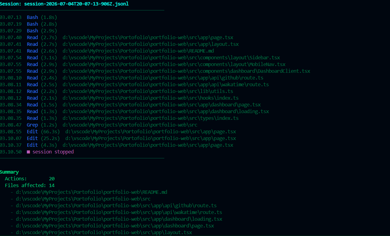 agenttrace replaying a recorded Claude Code session as a terminal timeline