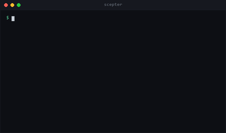 Scepter CLI running a health check and printing a healthy/caution/risky verdict in the terminal
