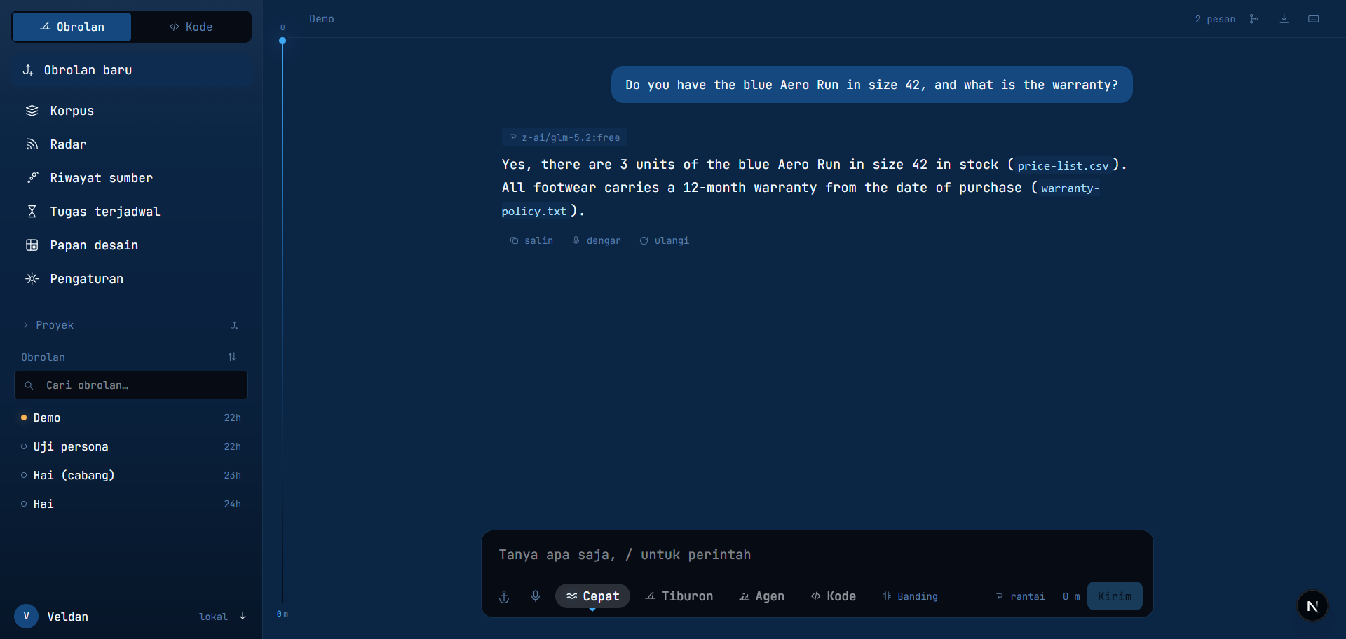 Tiburon Web chat interface showing an answer with clickable source citations (price-list.csv, warranty-policy.txt)